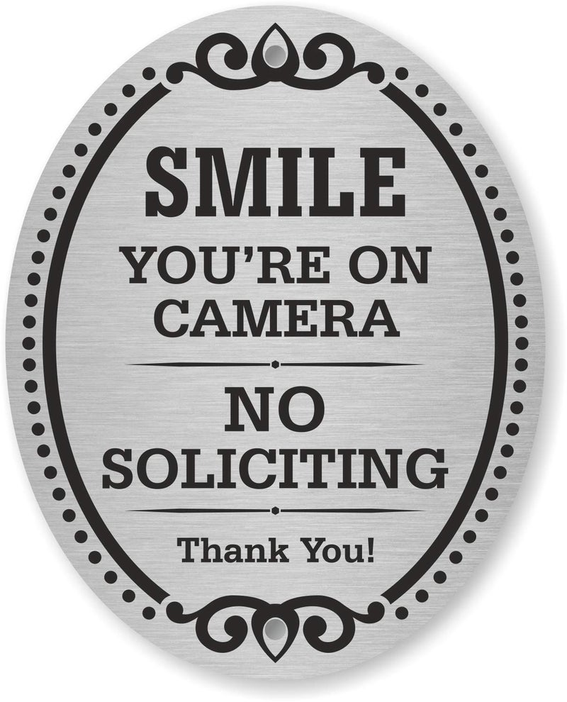 SmartSign Premium No Soliciting Smile You're On Camera Thank You Sign, 4" x 5" Aluminum Metal with Adhesive Backing/Sticker, Peel-Off or Use Pre-Punched Holes, Silver/Black, Made in USA - Image 1